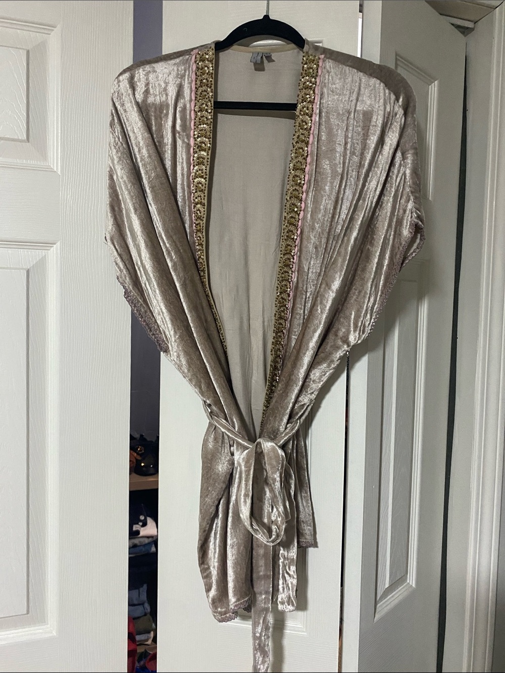 Soft Taupe Velvet Kimono Wrap Jacket with Embellished Trim